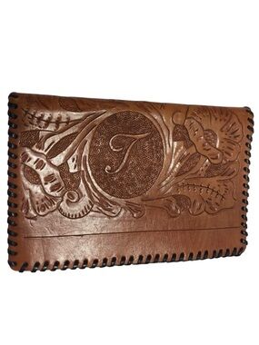 Handmade Embossed Tooled Tan Leather Bifold Flat Wallet